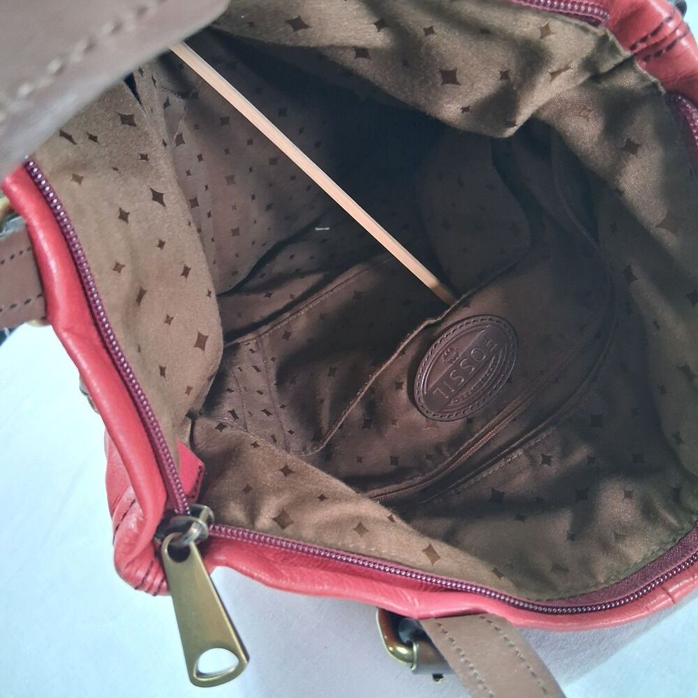 Fossil Explorer Large Tote Crossbody Bag Fold Over Purse Soft Red Leather - Picture 8 of 11